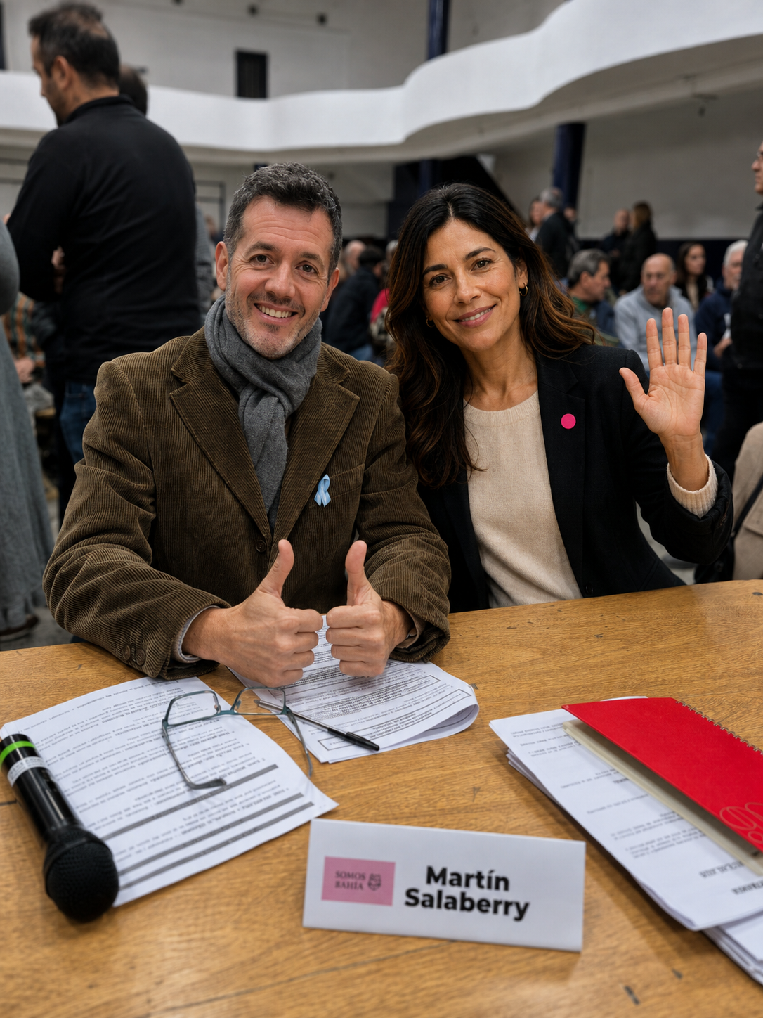 Clara, la asistente de inteligencia artificial, junto a Martín durante una reunión con vecinos